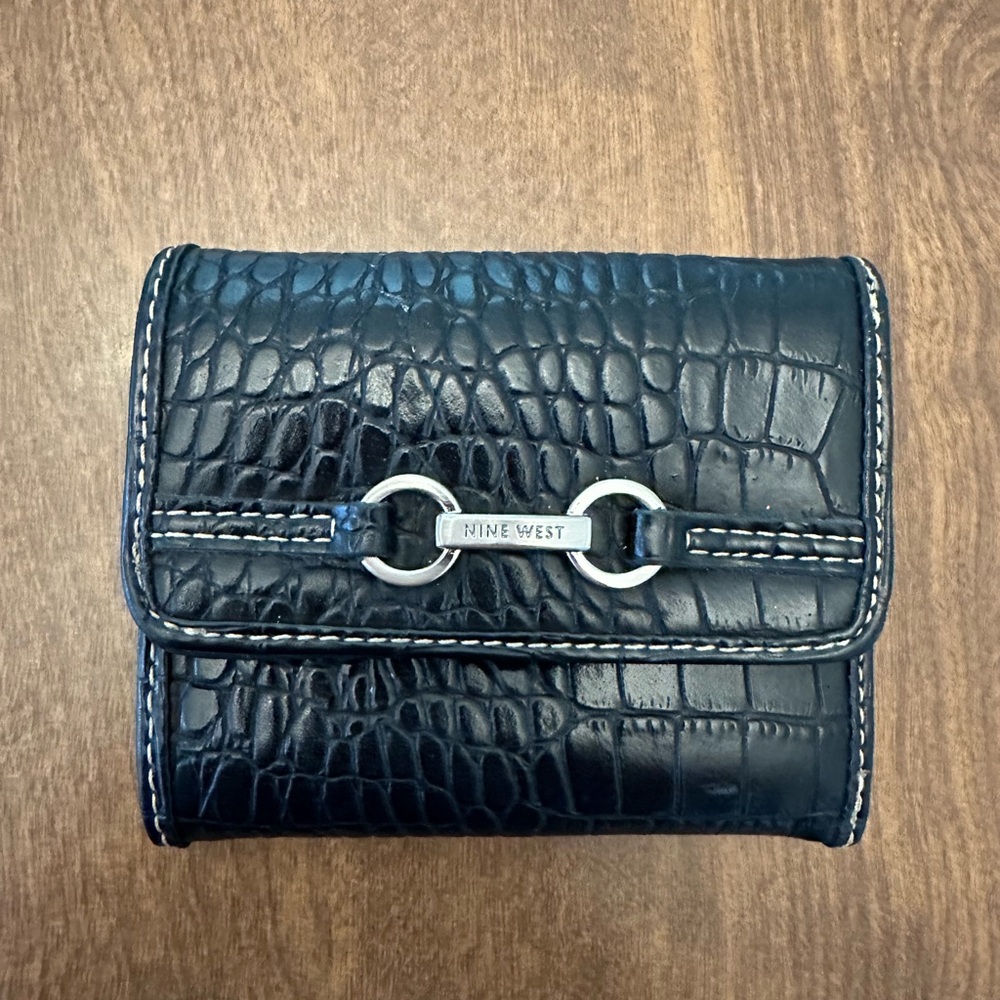 Nine West Wallet Black Faux Leather Button Tri Fold